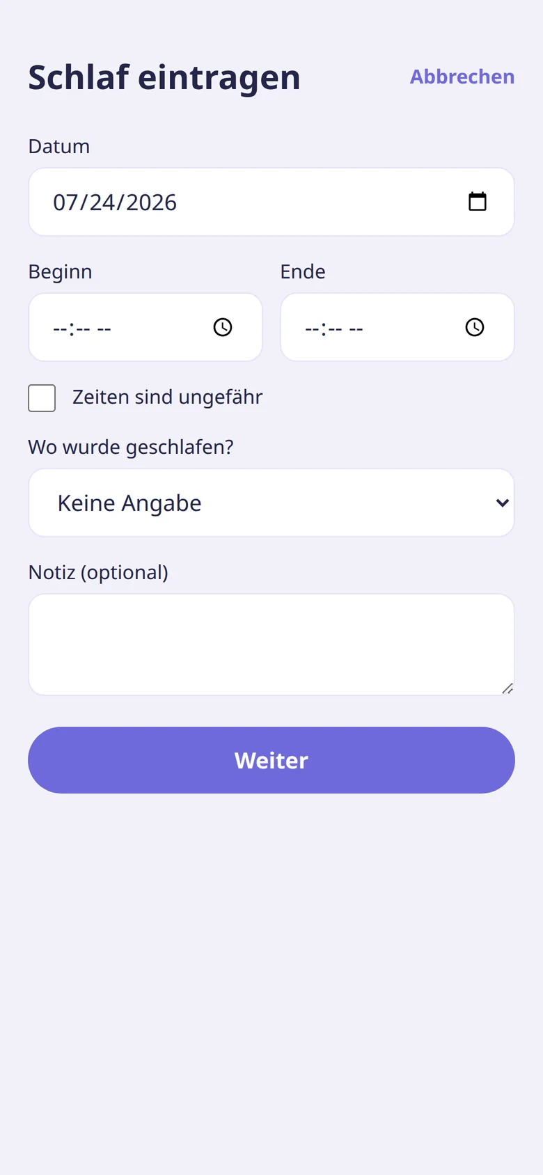 Manueller Schlafeintrag mit Start- und Endzeit