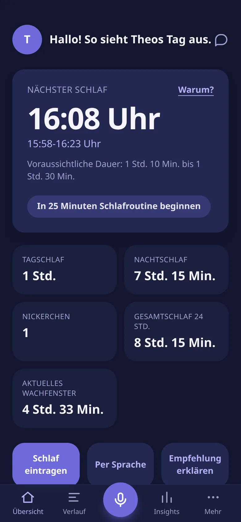 Startbildschirm mit Schlafprognose und Tageswerten